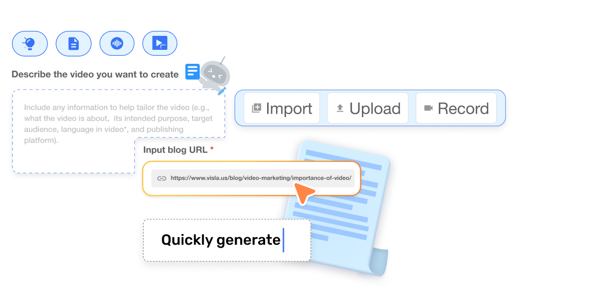 Visla's AI video generator interface for Corporate Learning Teams, featuring import, upload, and record options to create training videos from any source.